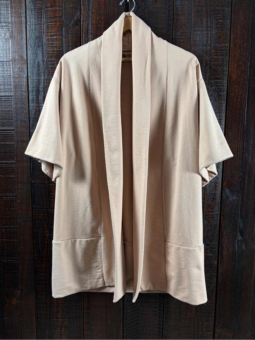 Heavyweight Open Front Short Sleeve Sweatshirt Cardigan Light Beige Small